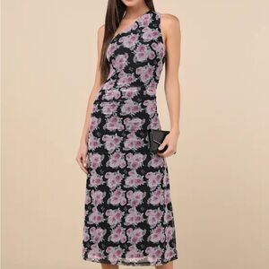 Lulu's Black Floral One-Shoulder Dress